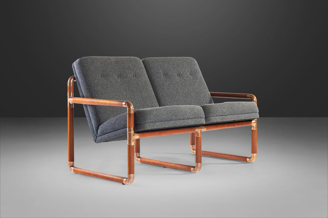 Unique Industrial Brass and Walnut Loveseat w/ Gray Tweed Upholstery, USA, c. 1970's-ABT Modern