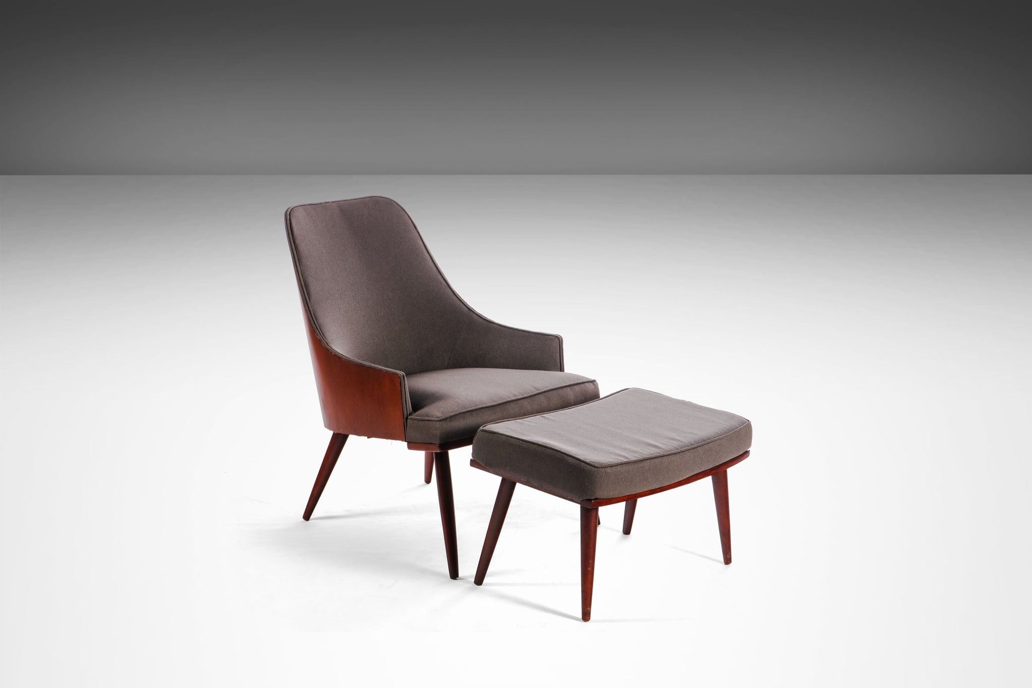 Walnut Bentwood Back Lounge Chair and Ottoman in the Manner of Milo Ba