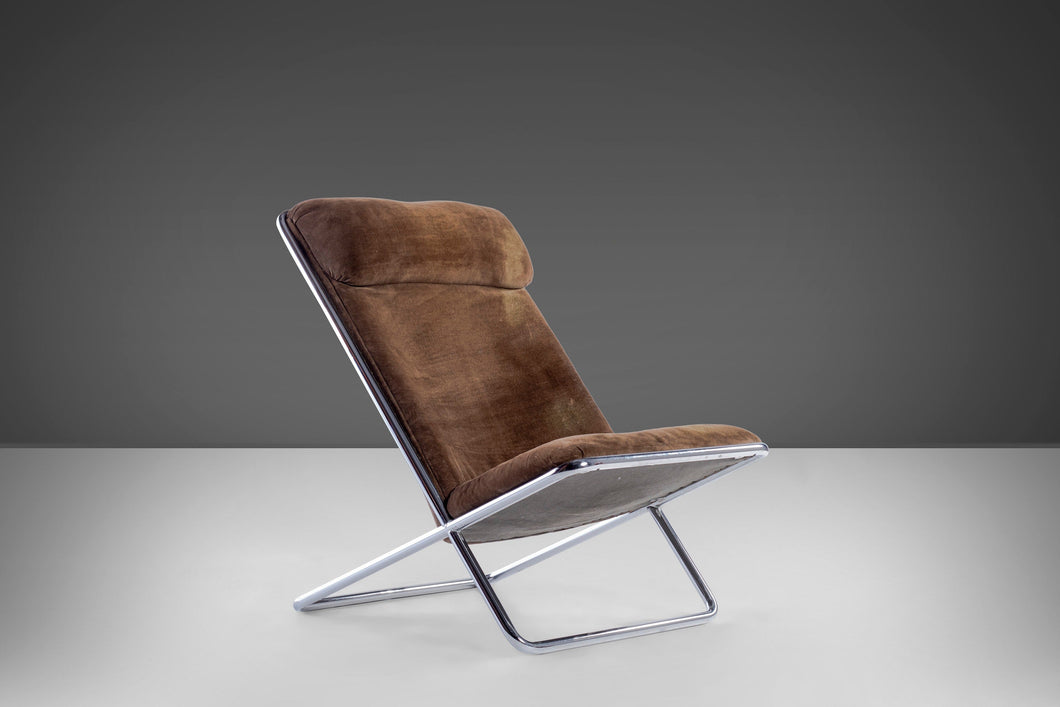 Ward Bennett Scissor Lounge Chair in Original Brown Upholstery on a Striking Chrome Frame, c. 1960s-ABT Modern
