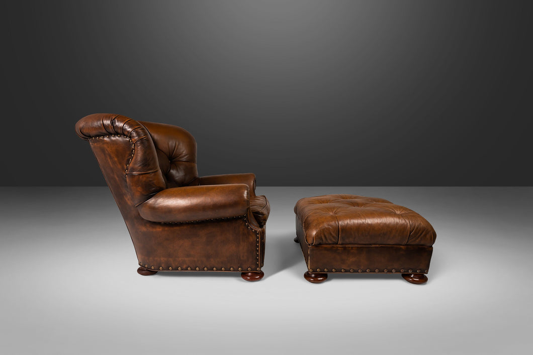 Wingback Writer's Chair and Ottoman by Henredon for Ralph Lauren in Thick Heavy Patinated Leather, USA-ABT Modern